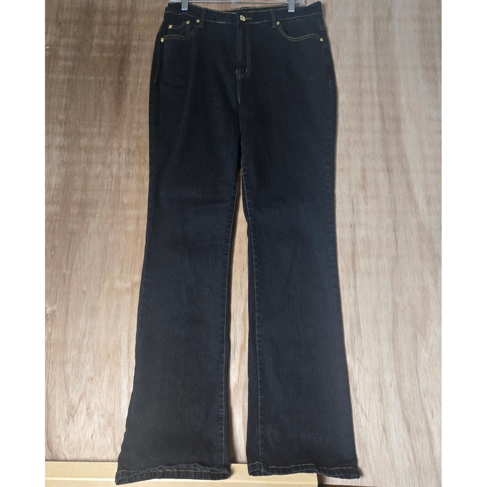 DG2 Diane Gilman Dark Indigo Bootcut Jeans Gold Stitching Size 12T Tall Stretch